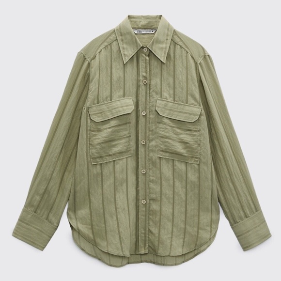 Zara light green shiny khaki striped long sleeve blouse NWT - Picture 2 of 9